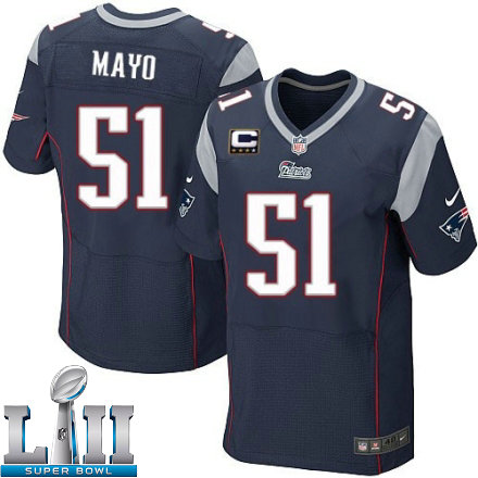 Mens Nike New England Patriots Super Bowl LII 51 Jerod Mayo Elite Navy Blue Team Color C Patch NFL Jersey