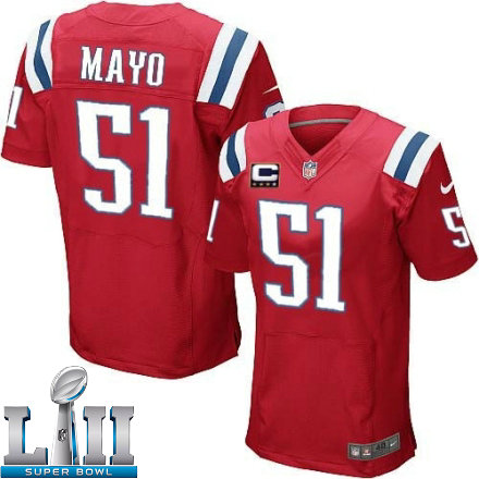 Mens Nike New England Patriots Super Bowl LII 51 Jerod Mayo Elite Red Alternate C Patch NFL Jersey