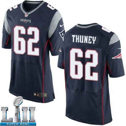 Mens Nike New England Patriots Super Bowl LII 62 Joe Thuney Elite Navy Blue Team Color NFL Jersey
