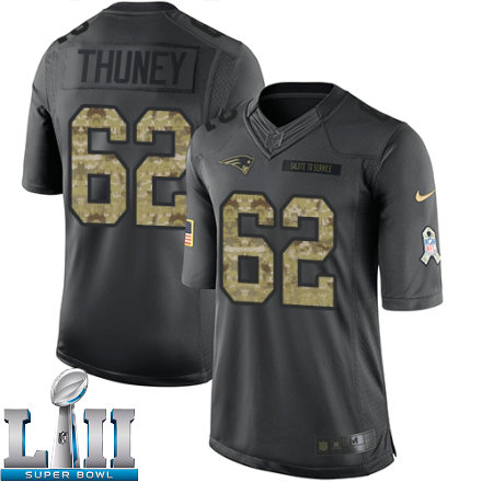 Mens Nike New England Patriots Super Bowl LII 62 Joe Thuney Limited Black 2016 Salute to Service NFL Jersey