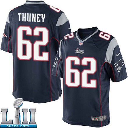 Mens Nike New England Patriots Super Bowl LII 62 Joe Thuney Limited Navy Blue Team Color NFL Jersey