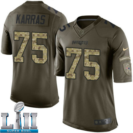 Mens Nike New England Patriots Super Bowl LII 75 Ted Karras Elite Green Salute to Service NFL Jersey