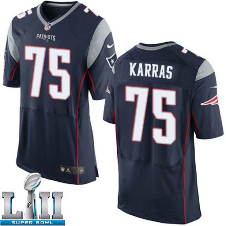 Mens Nike New England Patriots Super Bowl LII 75 Ted Karras Elite Navy Blue Team Color NFL Jersey
