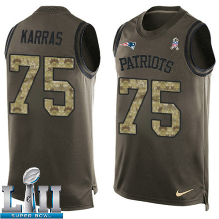 Mens Nike New England Patriots Super Bowl LII 75 Ted Karras Limited Green Salute to Service Tank Top NFL Jersey
