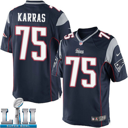 Mens Nike New England Patriots Super Bowl LII 75 Ted Karras Limited Navy Blue Team Color NFL Jersey