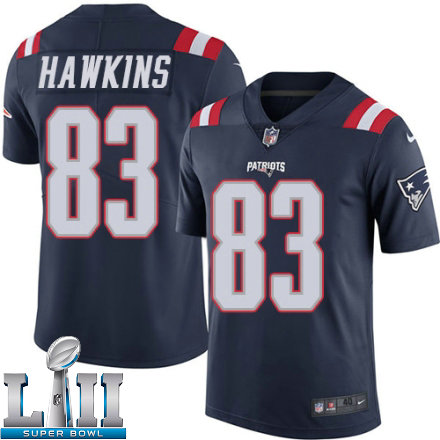 Mens Nike New England Patriots Super Bowl LII 83 Lavelle Hawkins Elite Navy Blue Rush NFL Jersey