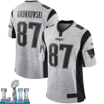 Mens Nike New England Patriots Super Bowl LII 87 Rob Gronkowski Elite Gray Gridiron II NFL Jersey