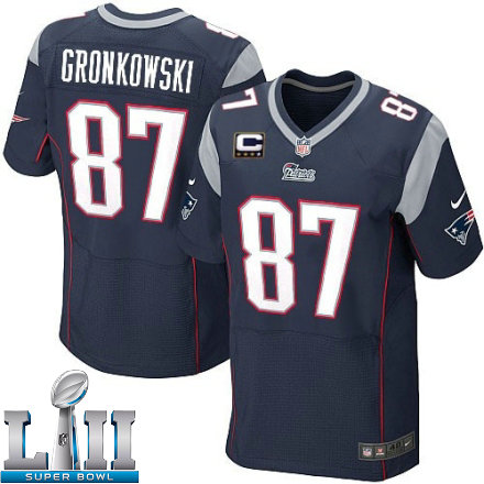 Mens Nike New England Patriots Super Bowl LII 87 Rob Gronkowski Elite Navy Blue Team Color C Patch NFL Jersey