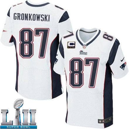 Mens Nike New England Patriots Super Bowl LII 87 Rob Gronkowski Elite White C Patch NFL Jersey