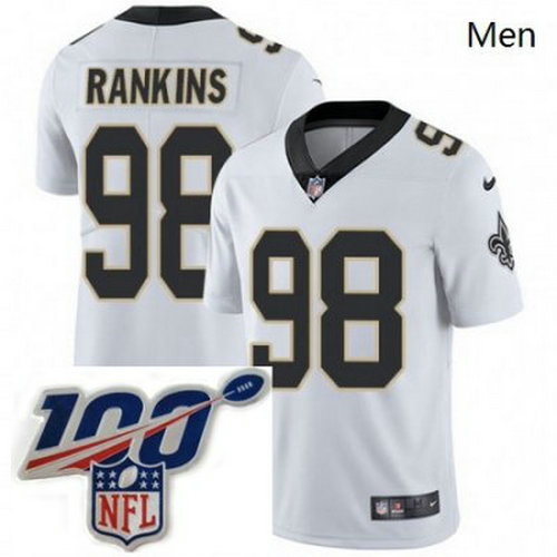 Mens Nike New Orleans Saints 98 Sheldon Rankins White Vapor Untouchable Limited Stitched 100th anniversary Neck Patch NFL Jersey