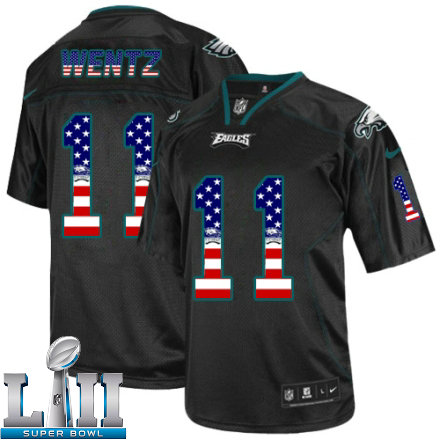 Mens Nike Philadelphia Eagles Super Bowl LII 11 Carson Wentz Elite Black USA Flag Fashion NFL Jersey