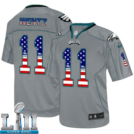 Mens Nike Philadelphia Eagles Super Bowl LII 11 Carson Wentz Elite Grey USA Flag Fashion NFL Jersey