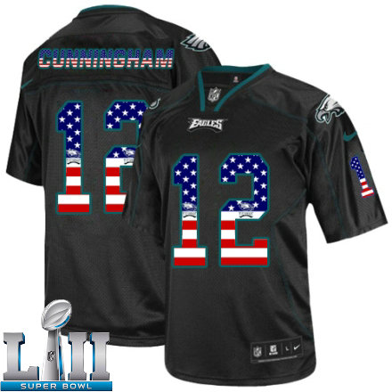 Mens Nike Philadelphia Eagles Super Bowl LII 12 Randall Cunningham Elite Black USA Flag Fashion NFL Jersey