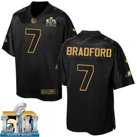 Mens Nike Philadelphia Eagles Super Bowl LII 7 Sam Bradford Elite Black Pro Line Gold Collection NFL Jersey