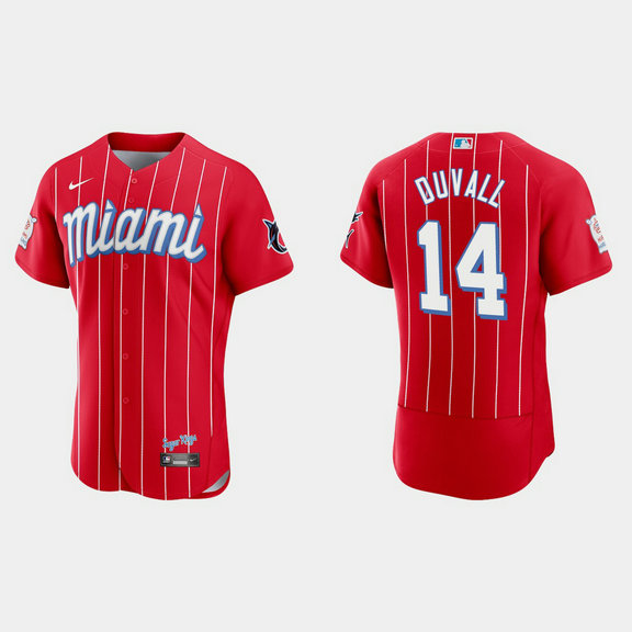 Miami Marlins #14 Adam Duvall Men's Nike 2021 City Connect Authentic MLB Jersey Red