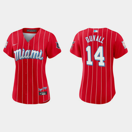 Miami Marlins #14 Adam Duvall Women's Nike 2021 City Connect Authentic MLB Jersey Red