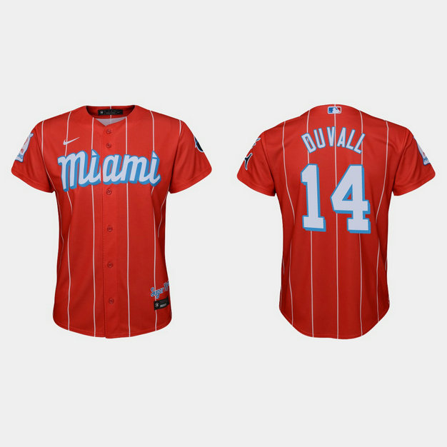 Miami Marlins #14 Adam Duvall Youth Nike 2021 City Connect Authentic MLB Jersey Red