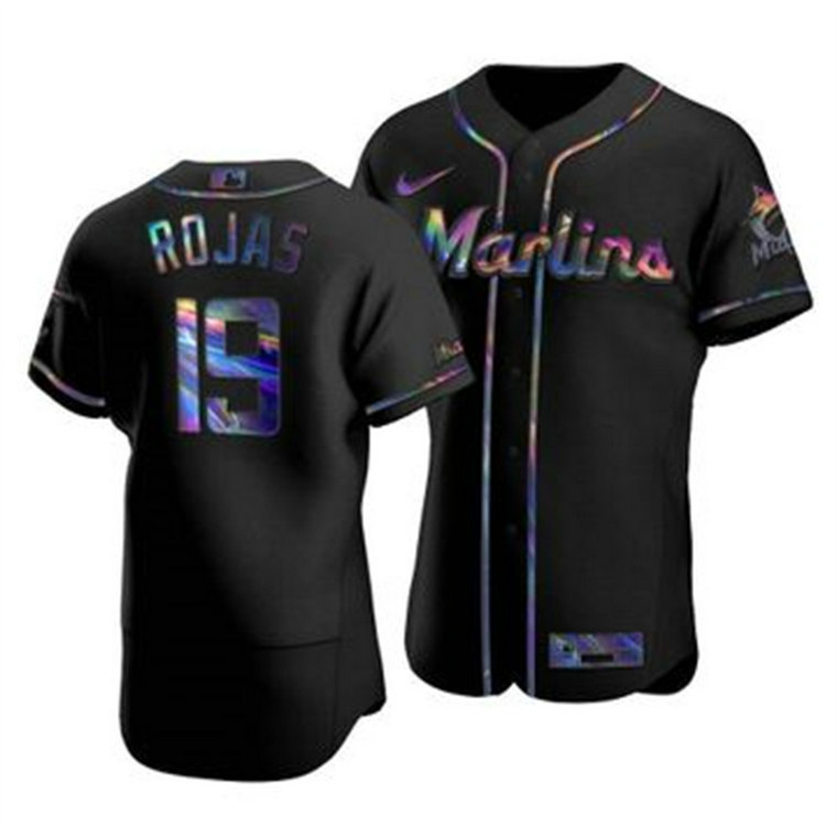 Miami Marlins #19 Miguel Rojas Men's Nike Iridescent Holographic Collection MLB Jersey - Black