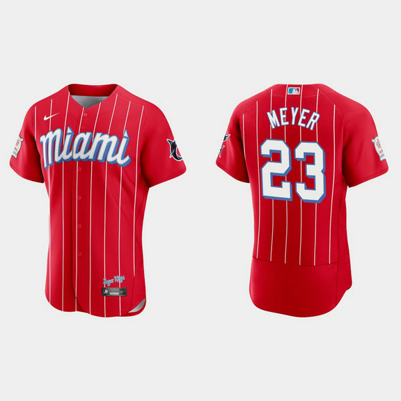 Miami Marlins #23 Max Meyer Men's Nike 2021 City Connect Authentic MLB Jersey Red