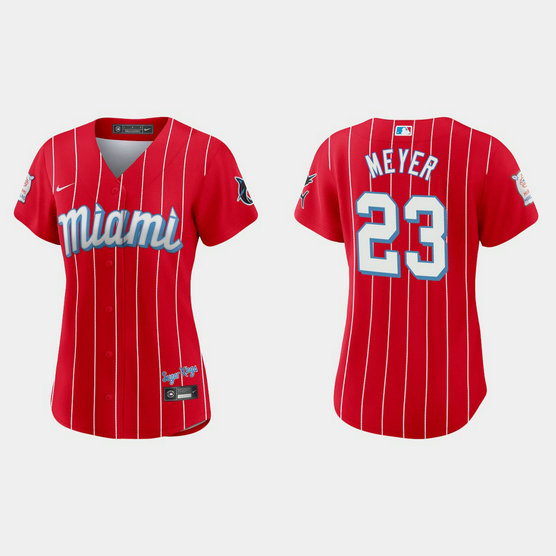Miami Marlins #23 Max Meyer Women's Nike 2021 City Connect Authentic MLB Jersey Red