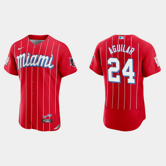 Miami Marlins #24 Jesus Aguilar Men's Nike 2021 City Connect Authentic MLB Jersey Red