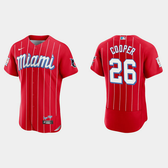 Miami Marlins #26 Garrett Cooper Men's Nike 2021 City Connect Authentic MLB Jersey Red