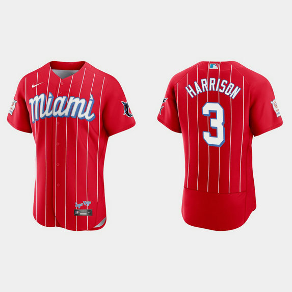 Miami Marlins #3 Monte Harrison Men's Nike 2021 City Connect Authentic MLB Jersey Red