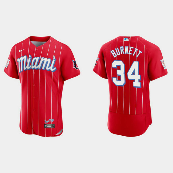 Miami Marlins #34 A.J. Burnett Men's Nike 2021 City Connect Authentic MLB Jersey Red