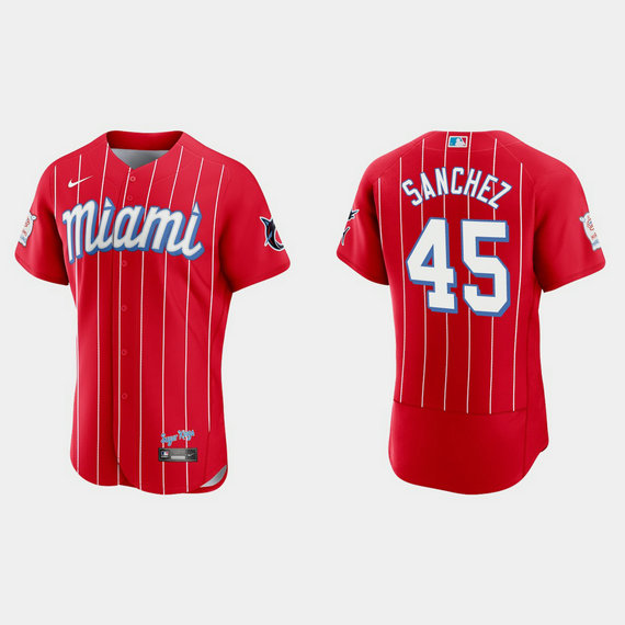 Miami Marlins #45 Sixto Sanchez Men's Nike 2021 City Connect Authentic MLB Jersey Red