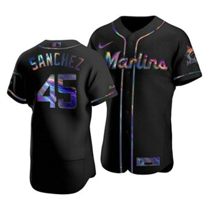 Miami Marlins #45 Sixto Sanchez Men's Nike Iridescent Holographic Collection MLB Jersey - Black