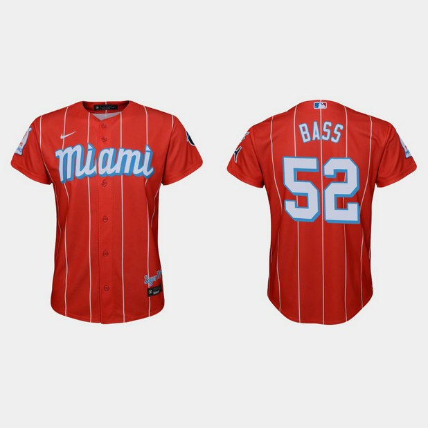 Miami Marlins #52 Anthony Bass Youth Nike 2021 City Connect Authentic MLB Jersey Red