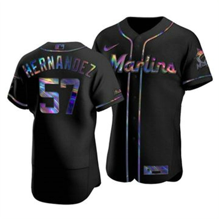 Miami Marlins #57 Elieser Hernandez Men's Nike Iridescent Holographic Collection MLB Jersey - Black