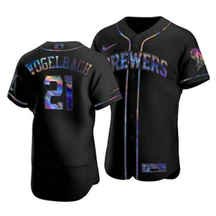 Milwaukee Brewers #21 Daniel Vogelbach Men's Nike Iridescent Holographic Collection MLB Jersey - Black