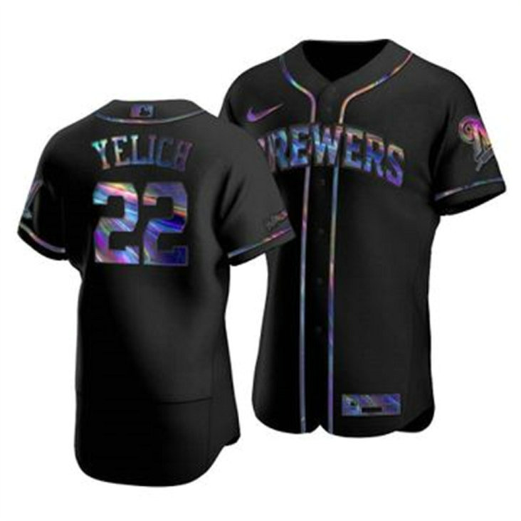 Milwaukee Brewers #22 Christian Yelich Men's Nike Iridescent Holographic Collection MLB Jersey - Black