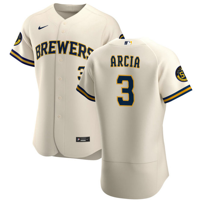 Milwaukee Brewers #3 Orlando Arcia Men's Nike Cream Home 2020 Authentic Player MLB Jersey