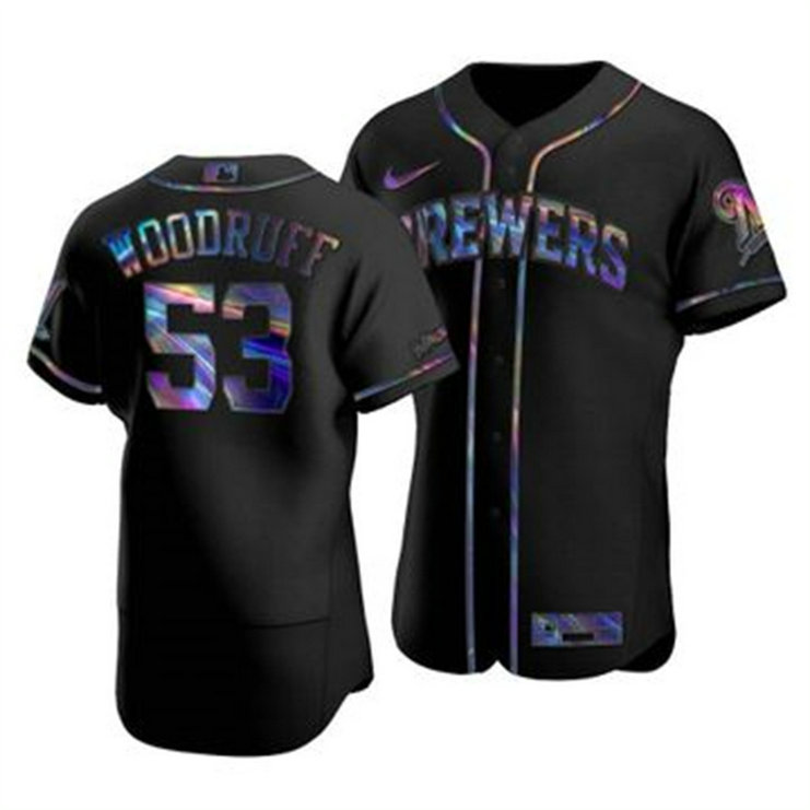 Milwaukee Brewers #53 Brandon Woodruff Men's Nike Iridescent Holographic Collection MLB Jersey - Black