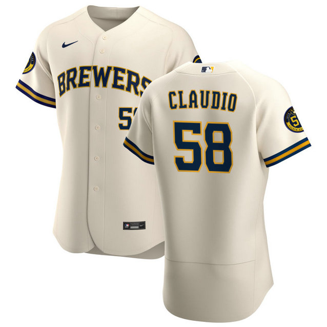 Milwaukee Brewers #58 Alex Claudio Men's Nike Cream Home 2020 Authentic Player MLB Jersey