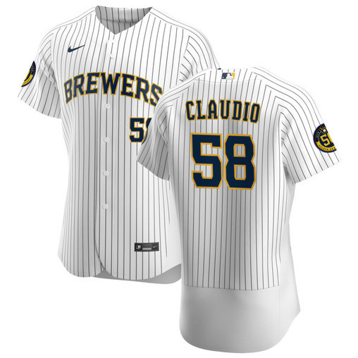 Milwaukee Brewers #58 Alex Claudio Men's Nike White Home 2020 Authentic Player MLB Jersey