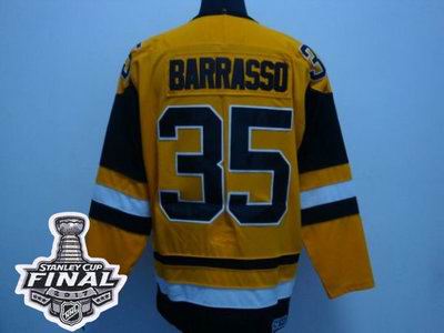 Mitchell Ness Penguins #35 Tom Barrasso Yellow 2017 Stanley Cup Final Patch Stitched NHL Jersey