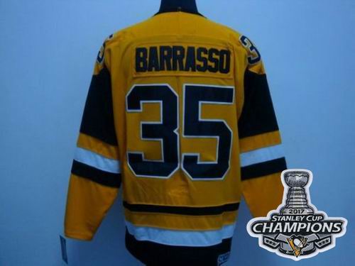 Mitchell Ness Penguins #35 Tom Barrasso Yellow 2017 Stanley Cup Finals Champions Stitched NHL Jersey