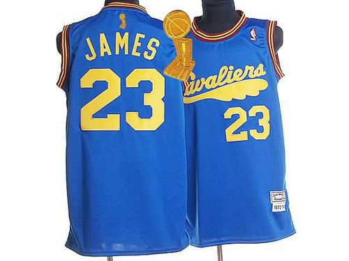 Mitchell and Ness Cleveland Cavaliers 23 LeBron James Blue Throwback The Champions Patch NBA Jersey