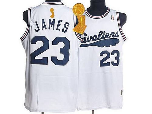 Mitchell and Ness Cleveland Cavaliers 23 LeBron James White Throwback The Champions Patch NBA Jersey