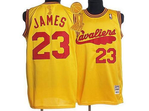 Mitchell and Ness Cleveland Cavaliers 23 LeBron James Yellow Throwback The Champions Patch NBA Jersey
