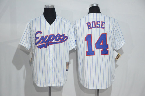 Montreal Expos 14 Pete Rose White Strip Throwback Mitchell And Ness Baseball Jersey
