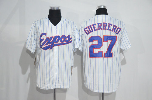 Montreal Expos 27 Vladimir Guerrero White Strip Throwback Mitchell And Ness Baseball Jersey