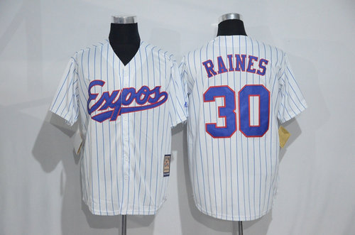 Montreal Expos 30 Tim Raines White Strip Throwback Mitchell And Ness Baseball Jersey