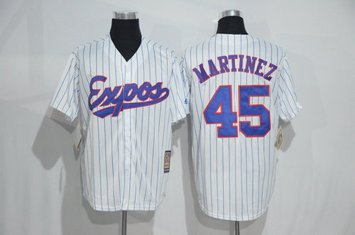 Montreal Expos 45 Pedro Martinez White Strip Throwback Mitchell And Ness Baseball Jersey