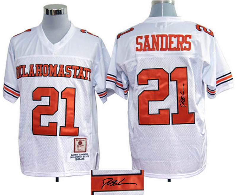NCAA Oklahoma State Cowboys #21 Barry Sanders White signature jerseys