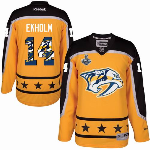 Nashville Predators #14 Mattias Ekholm Yellow 2017 Stanley Cup Team Logo Fashion Stitched NHL Jersey