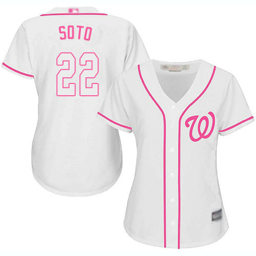 Nationals #22 Juan Soto White Pink Fashion Women's Stitched Baseball Jersey